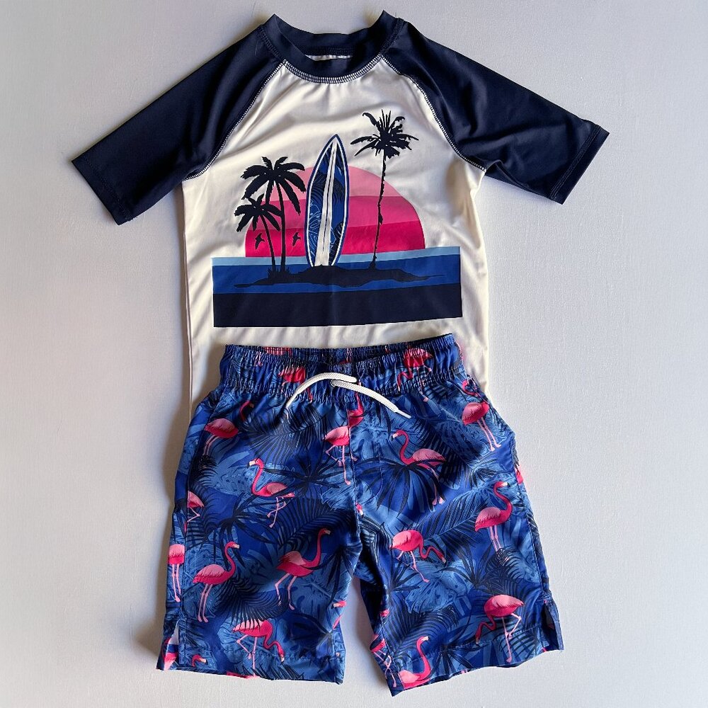 Boy's Surfboard Pink Flamingos Swim Shirt and Swim Trunks Set Size 7/8